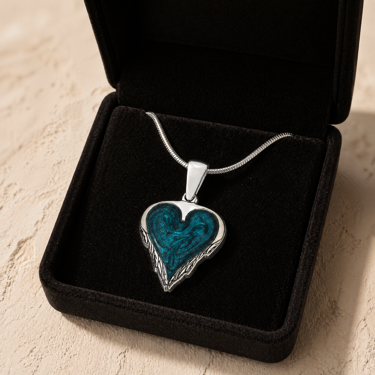 Solid 14K White Gold Feathered Heart Ash Resin Jewelry