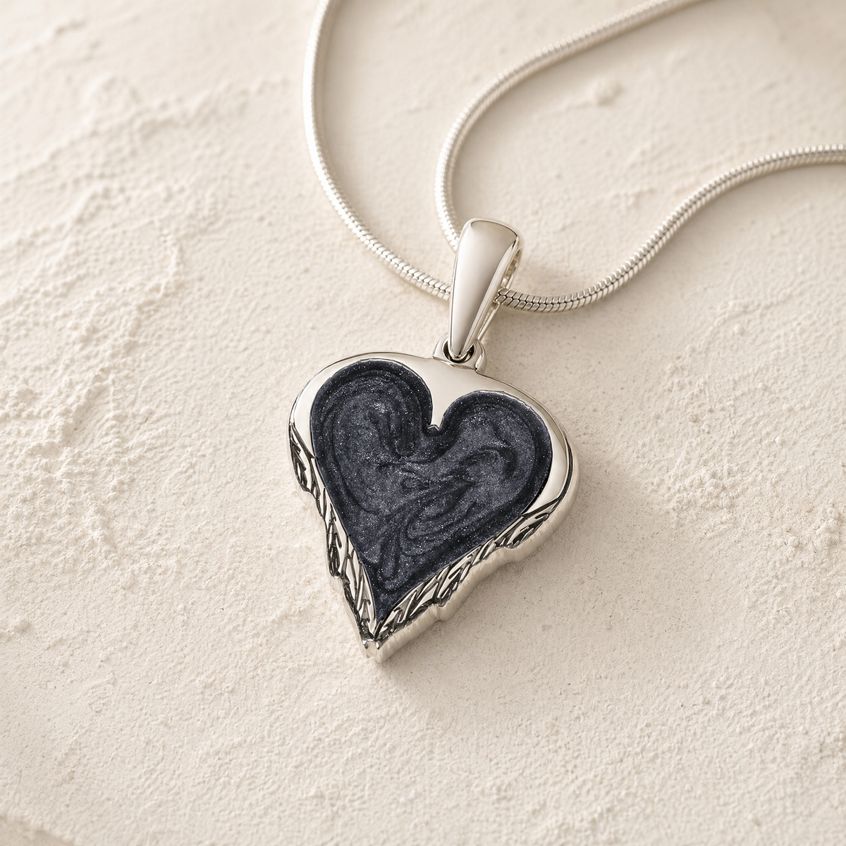 Solid 14K White Gold Feathered Heart Sterling Silver with Slate Ash Resin Jewelry