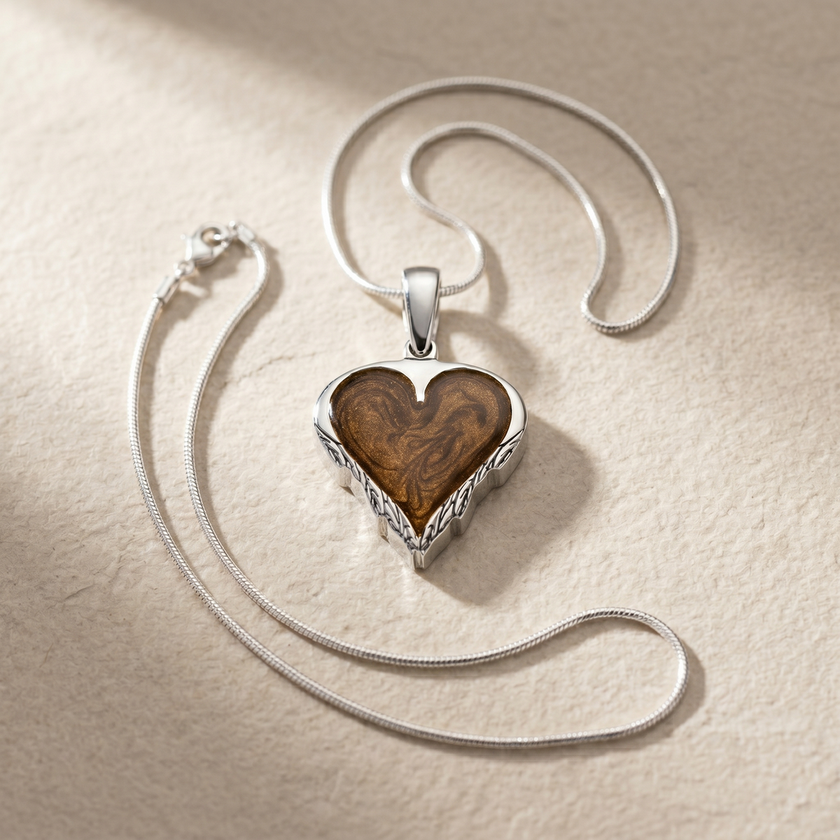 Solid 14K White Gold Feathered Heart with Carob Ash Resin Jewelry