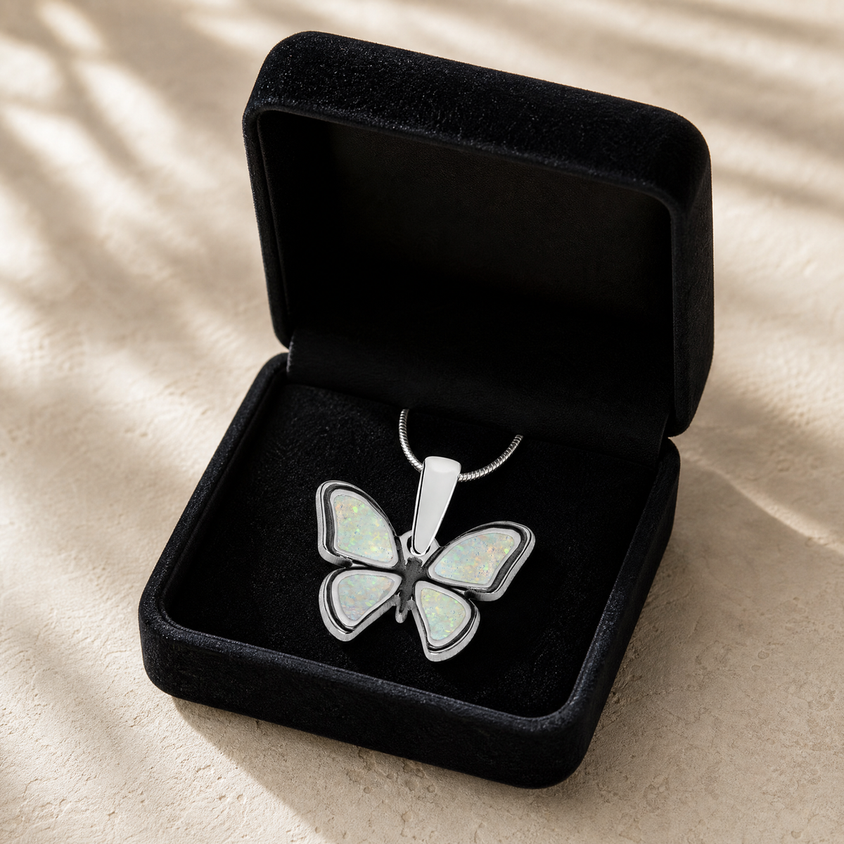 Solid 14K White Gold Lovable Butterfly with Crushed Cream Opal Ash Resin Jewelry