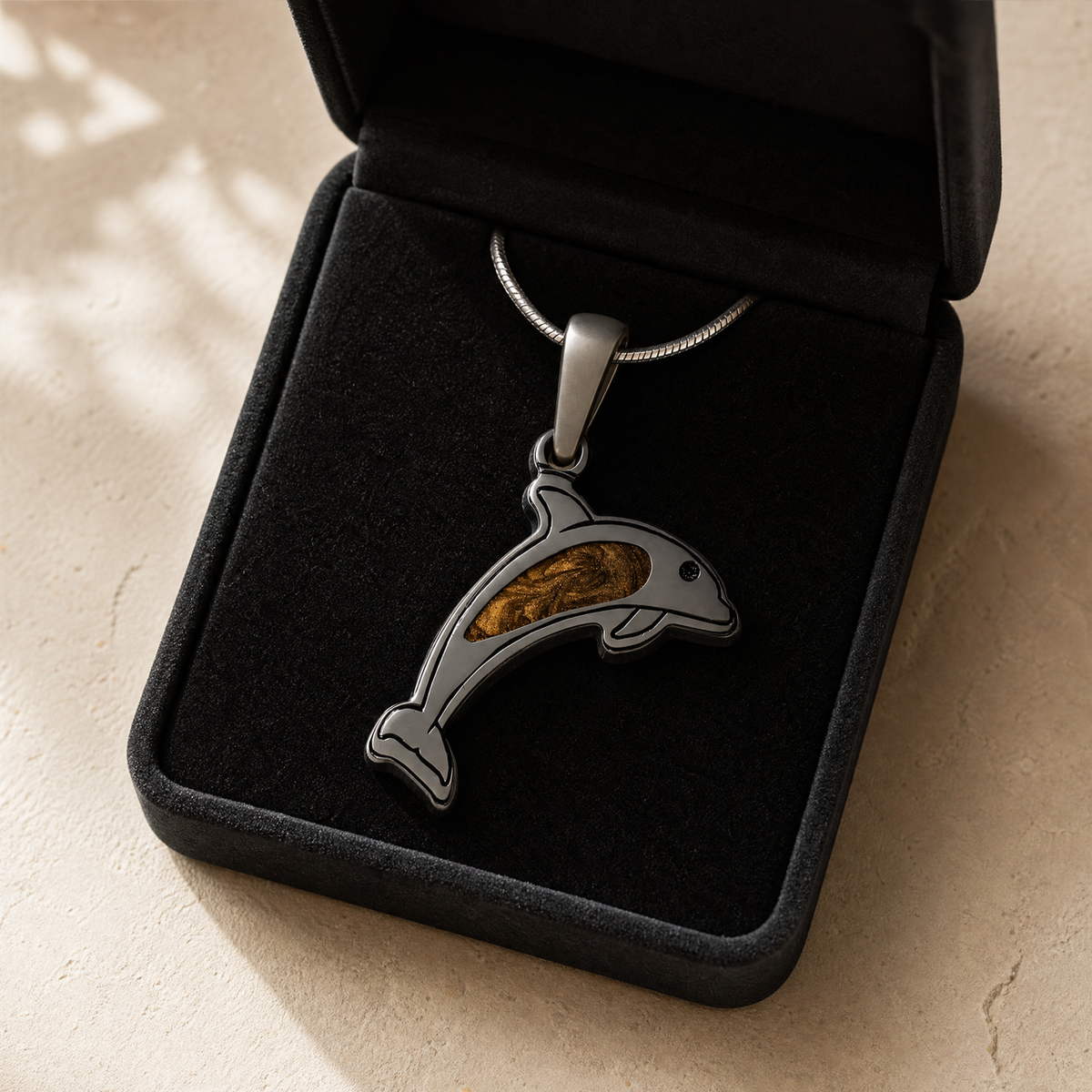 Jubilant Dolphin Black Finish with Carob Ash Resin Jewelry