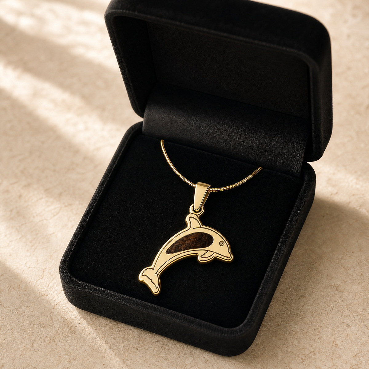 Solid 14K Gold Jubilant Dolphin with Carob Ash Resin Jewelry