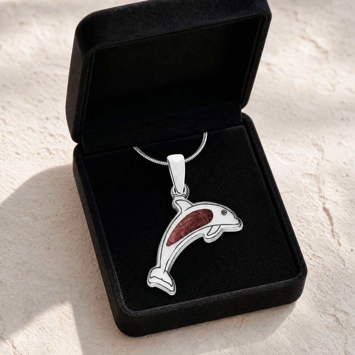 Solid 14K White Gold Jubilant Dolphin with Crimson Ash Resin Jewelry