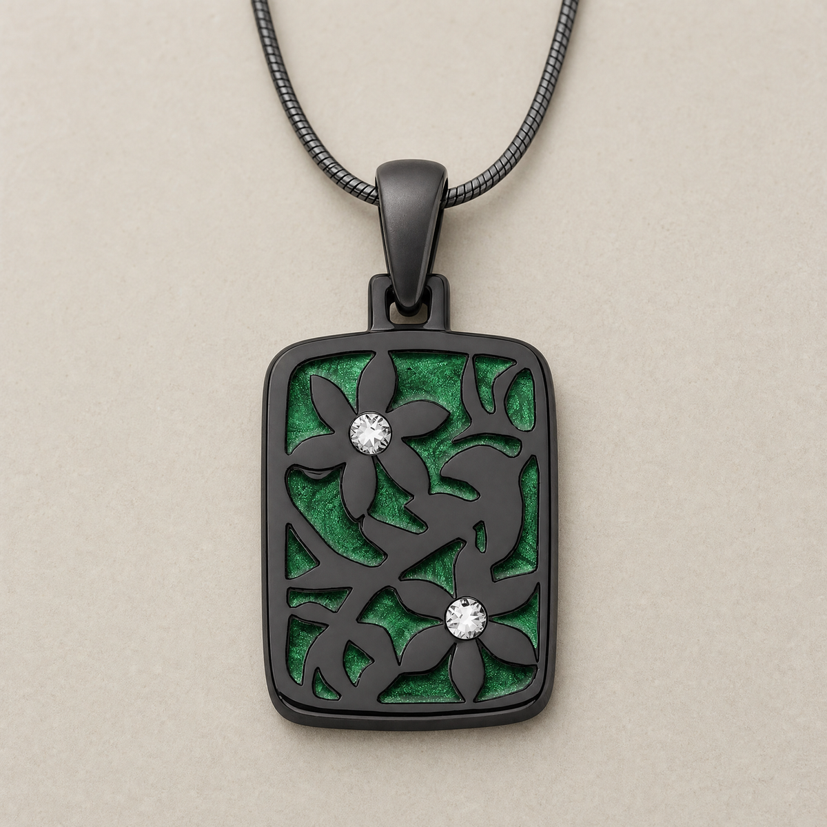 Flowered Rectangle Black Finish with Seafoam Ash Resin Jewelry