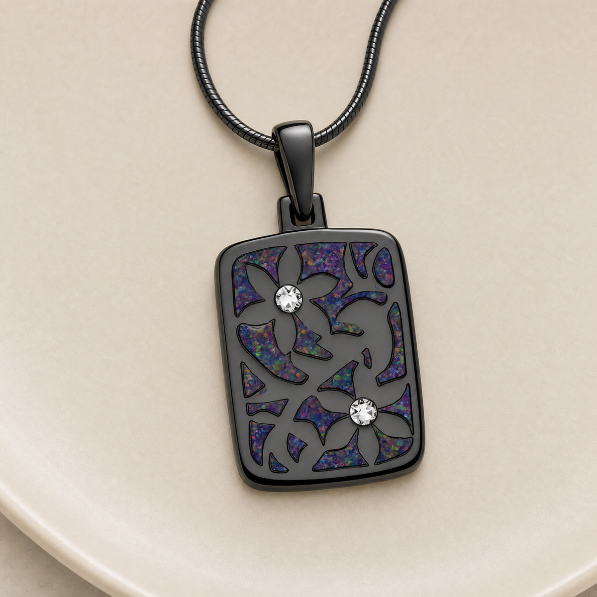Flowered Rectangle Black Finish with Black Flame Opal Ash Resin Jewelry