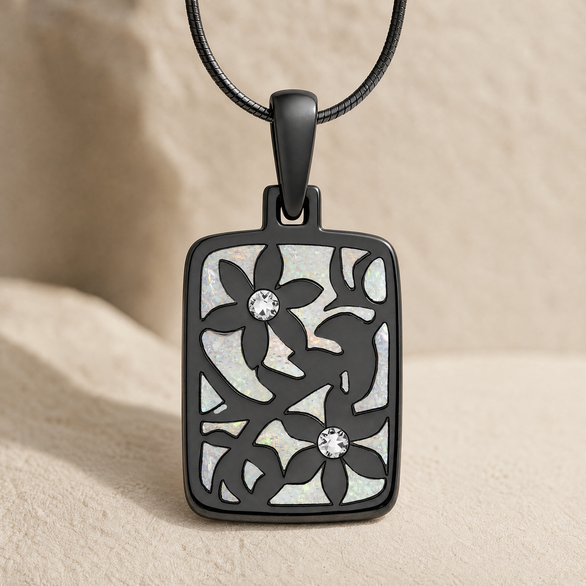 Flowered Rectangle Black Finish with Crushed Pearl Opal Ash Resin Jewelry