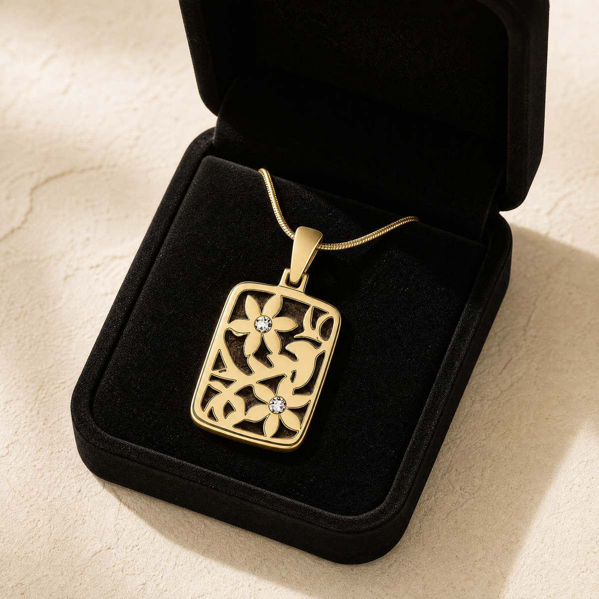 Flowered Rectangle Gold Plated with Carob Ash Resin Jewelry