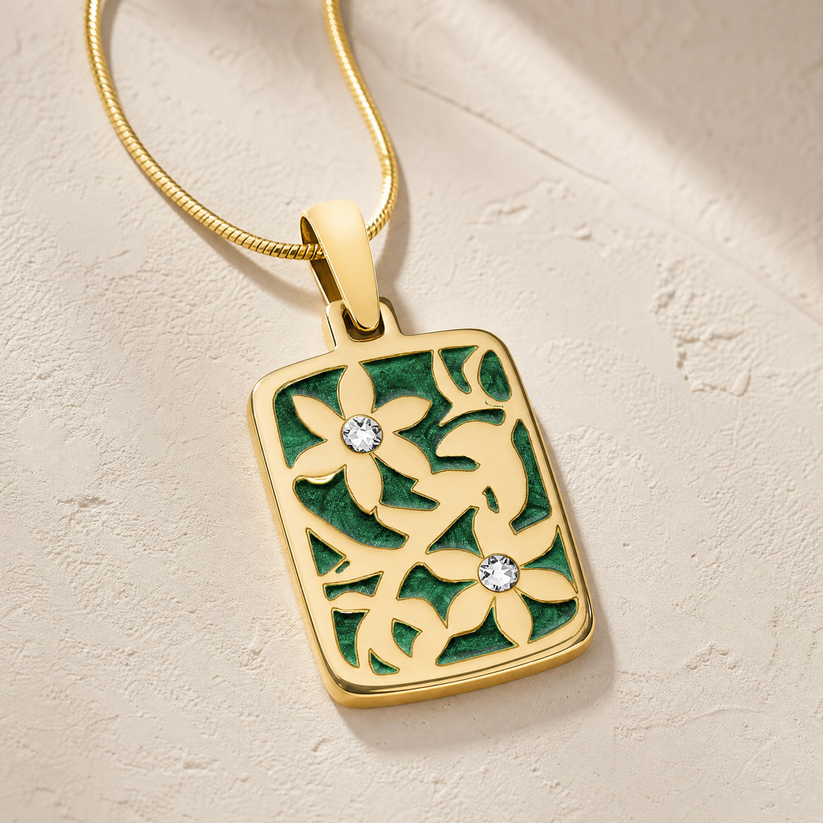 Flowered Rectangle Gold Plated with Seafoam Ash Resin Jewelry