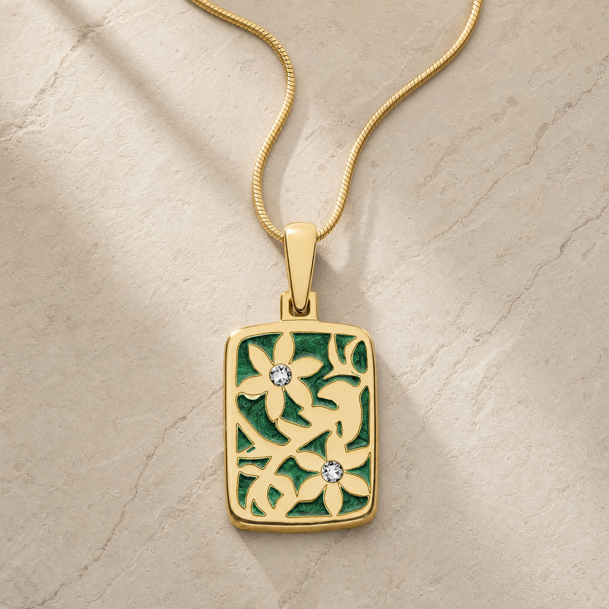 Flowered Rectangle Gold Plated with Seafoam Ash Resin Jewelry