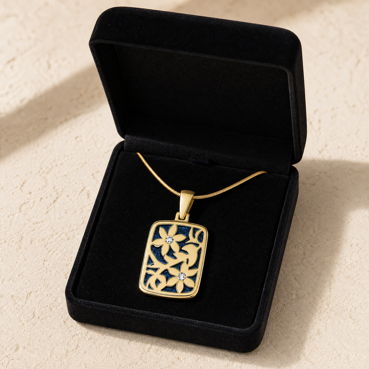 Solid 14K Gold Flowered Rectangle with Cobalt Ash Resin Jewelry