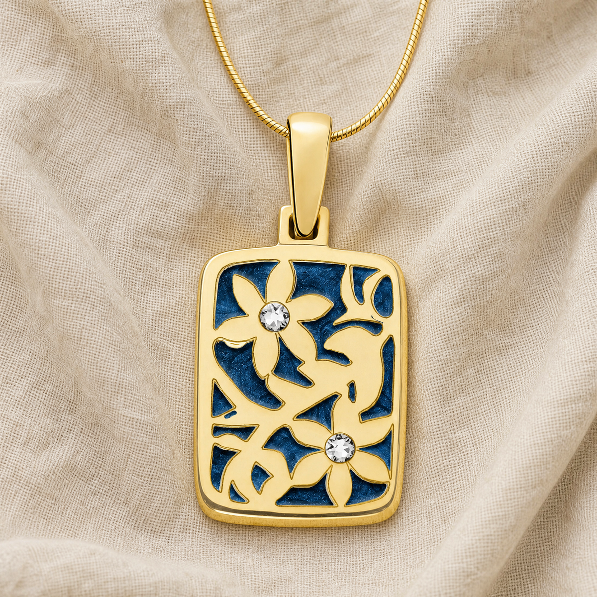 Solid 14K Gold Flowered Rectangle with Cobalt Ash Resin Jewelry