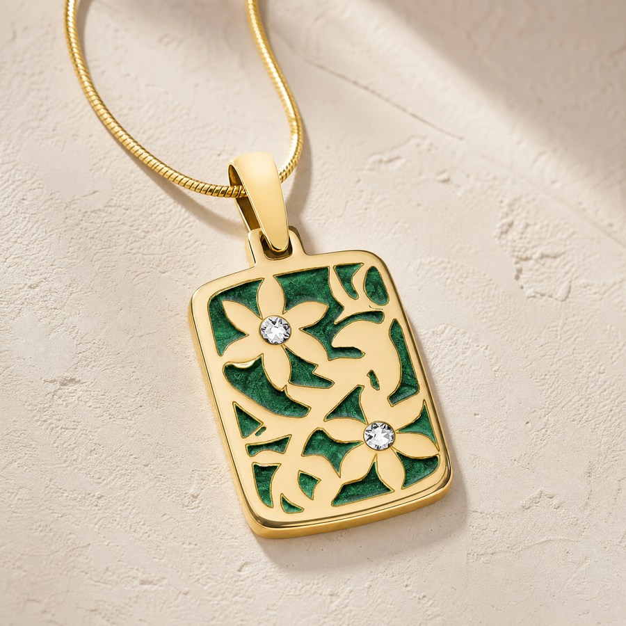 Solid 14K Gold Flowered Rectangle with Seafoam Ash Resin Jewelry