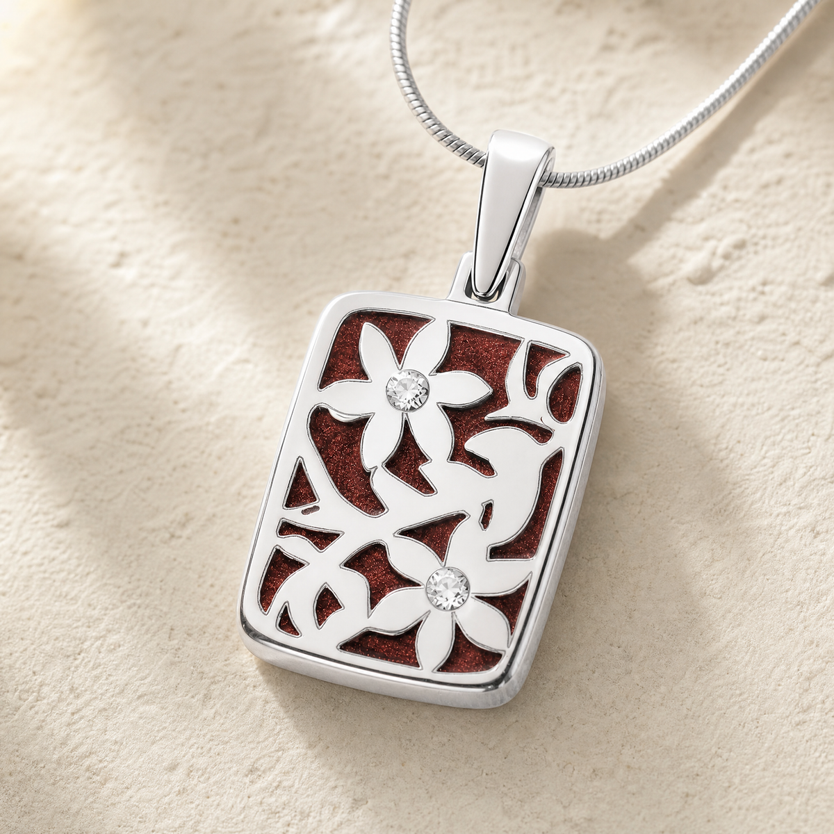 Flowered Rectangle Sterling Silver with Crimson Ash Resin Jewelry