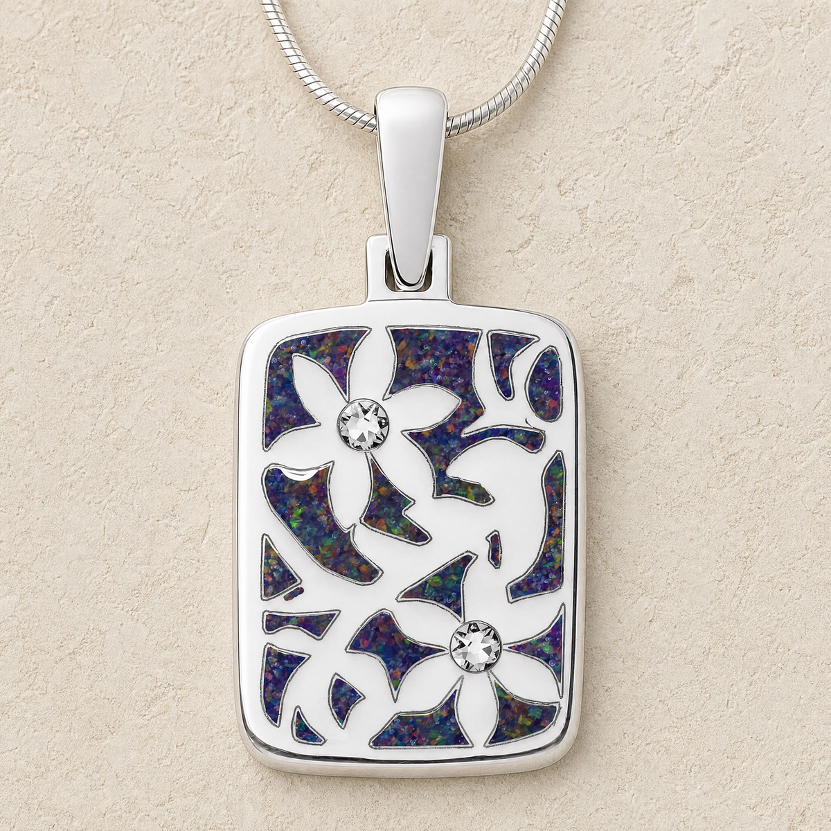 Flowered Rectangle Sterling Silver with Black Flame Opal Ash Resin Jewelry