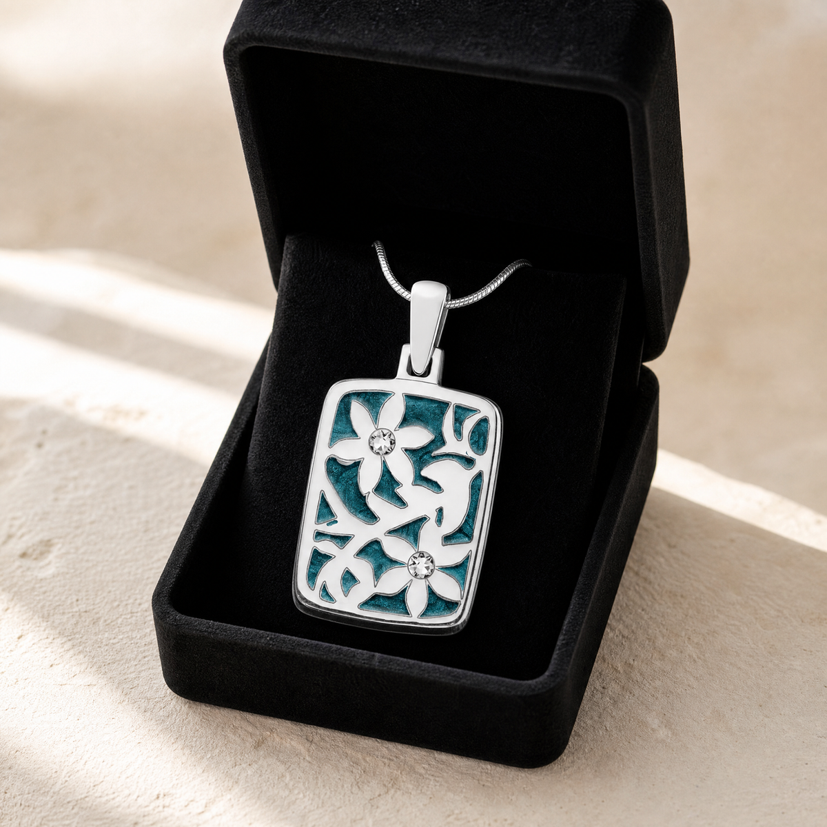 Solid 14K White Gold Flowered Rectangle with Aqua Ash Resin Jewelry