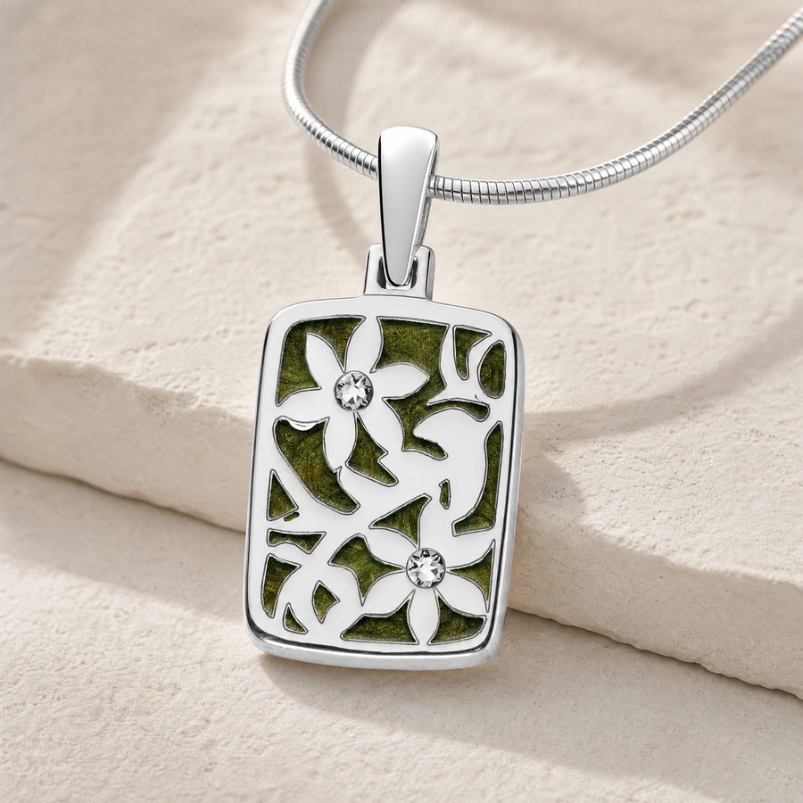 Solid 14K White Gold Flowered Rectangle with Sage Ash Resin Jewelry