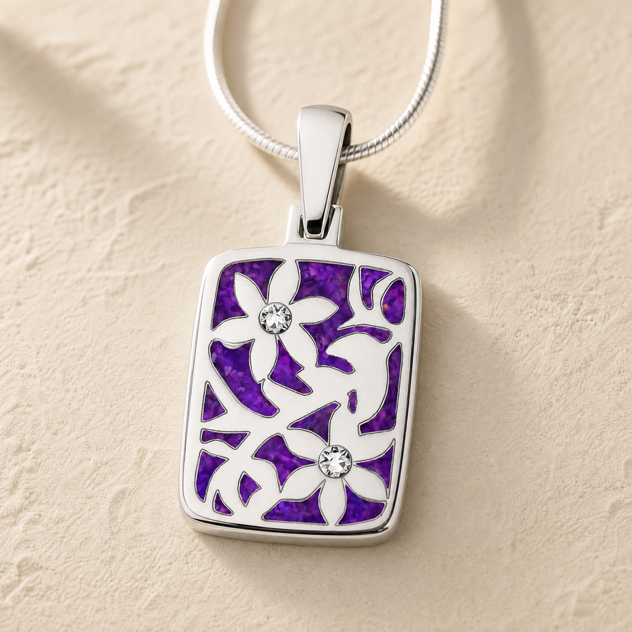 Solid 14K White Gold Flowered Rectangle with Lilac Pearl Opal Ash Resin Jewelry