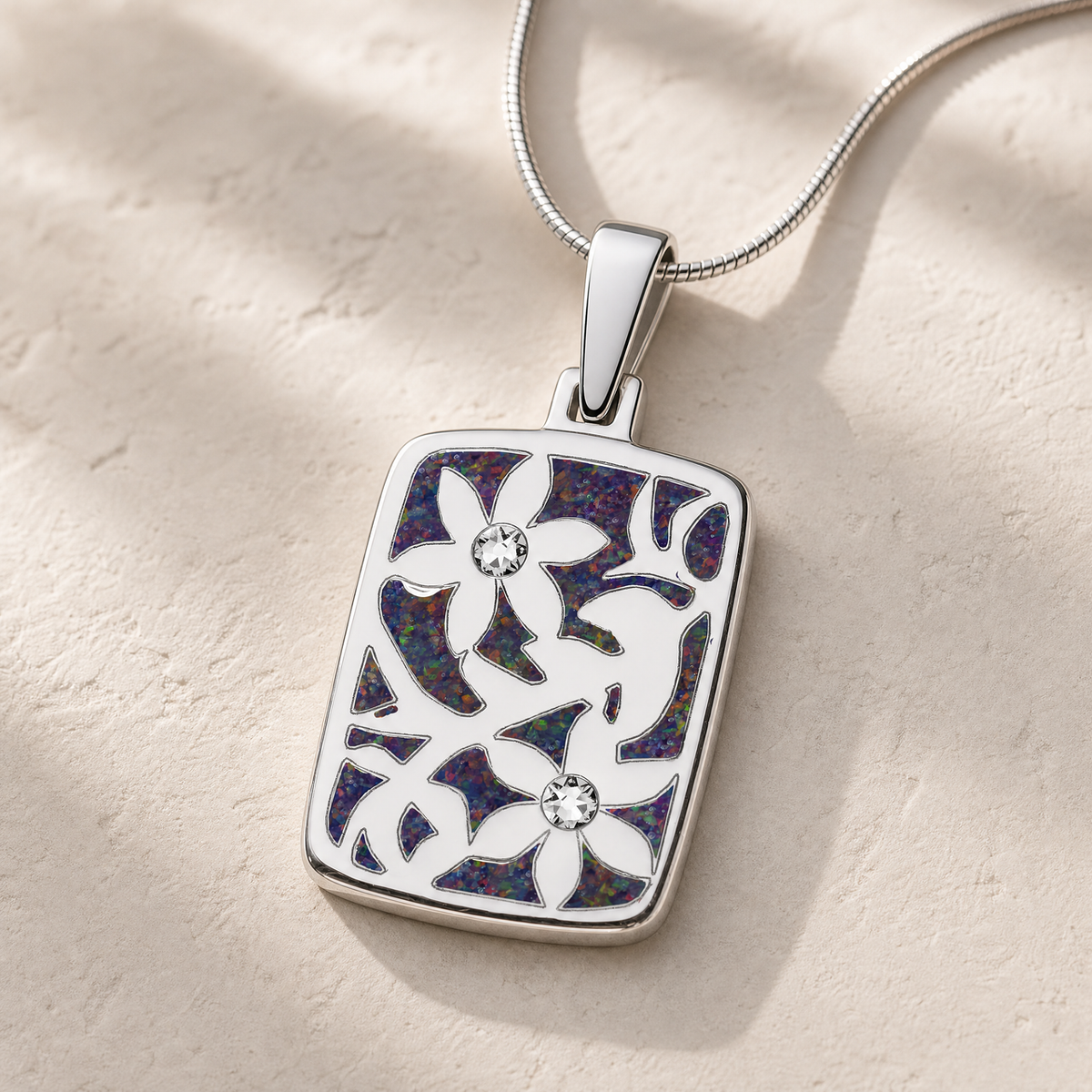 Solid 14K White Gold Flowered Rectangle with Black Flame Opal Ash Resin Jewelry