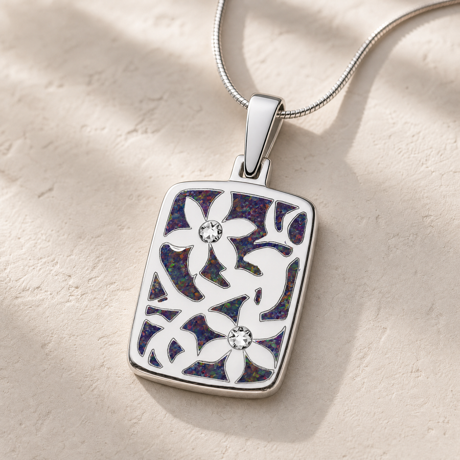 Solid 14K White Gold Flowered Rectangle with Black Flame Opal Ash Resin Jewelry