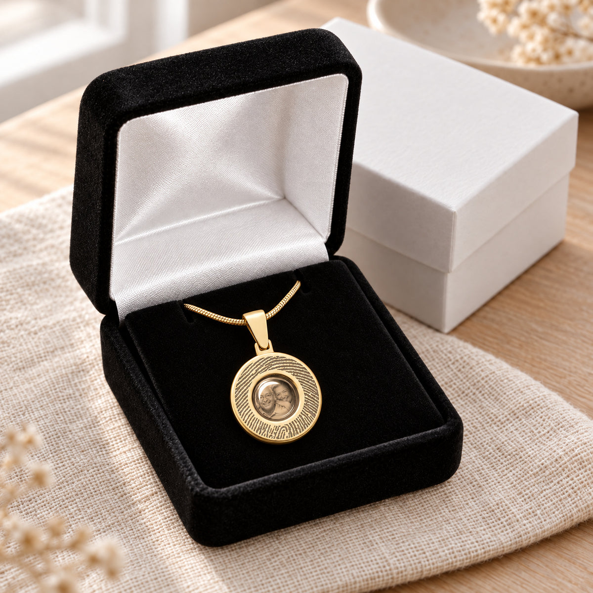 Forever Round 14K Gold Fingerprint And Picture Pendant — gift box