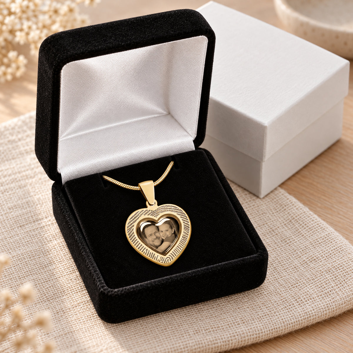 Heart 14K Gold Fingerprint And Picture Pendant — gift box