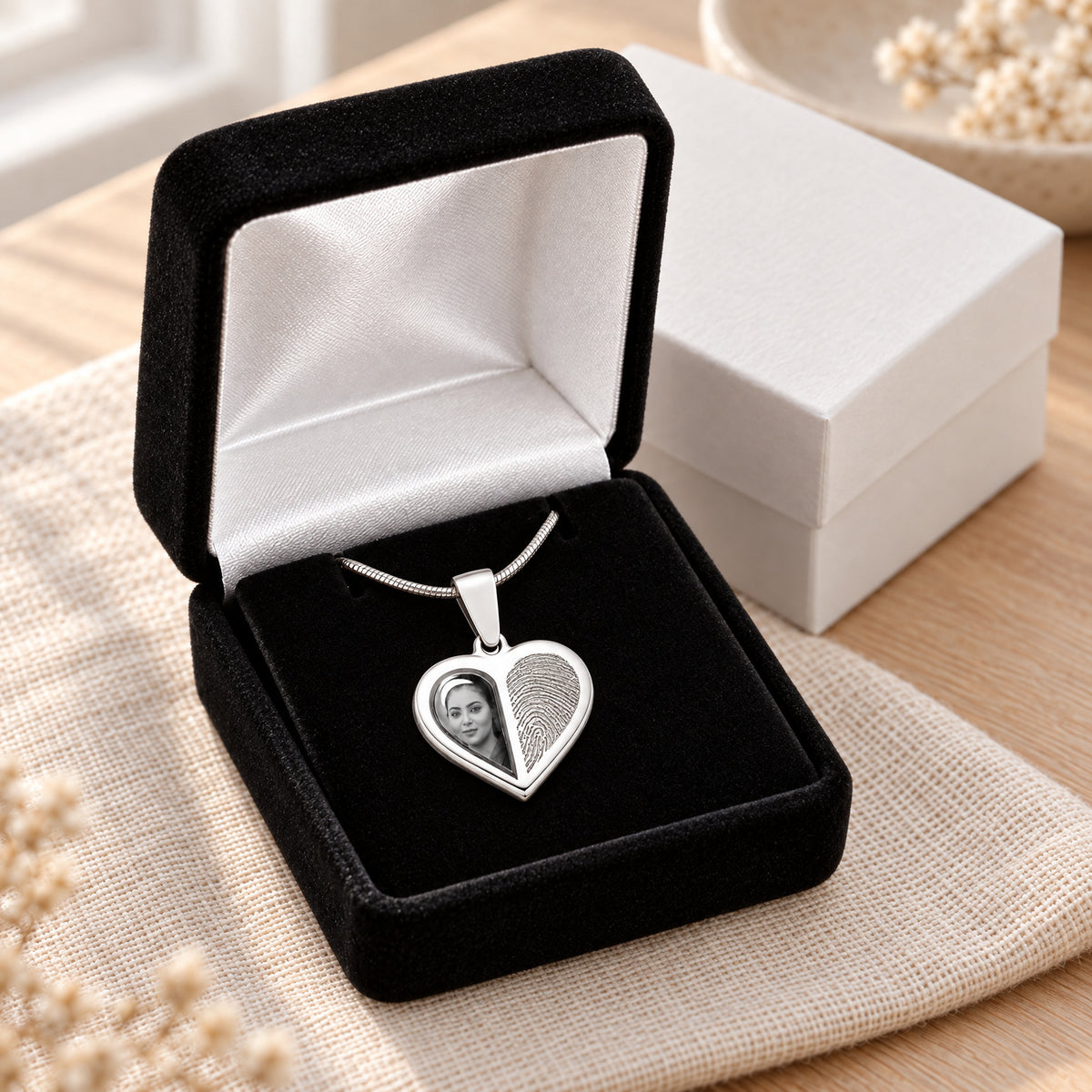 Two Heart Sterling Silver Fingerprint And Picture Pendant — gift box