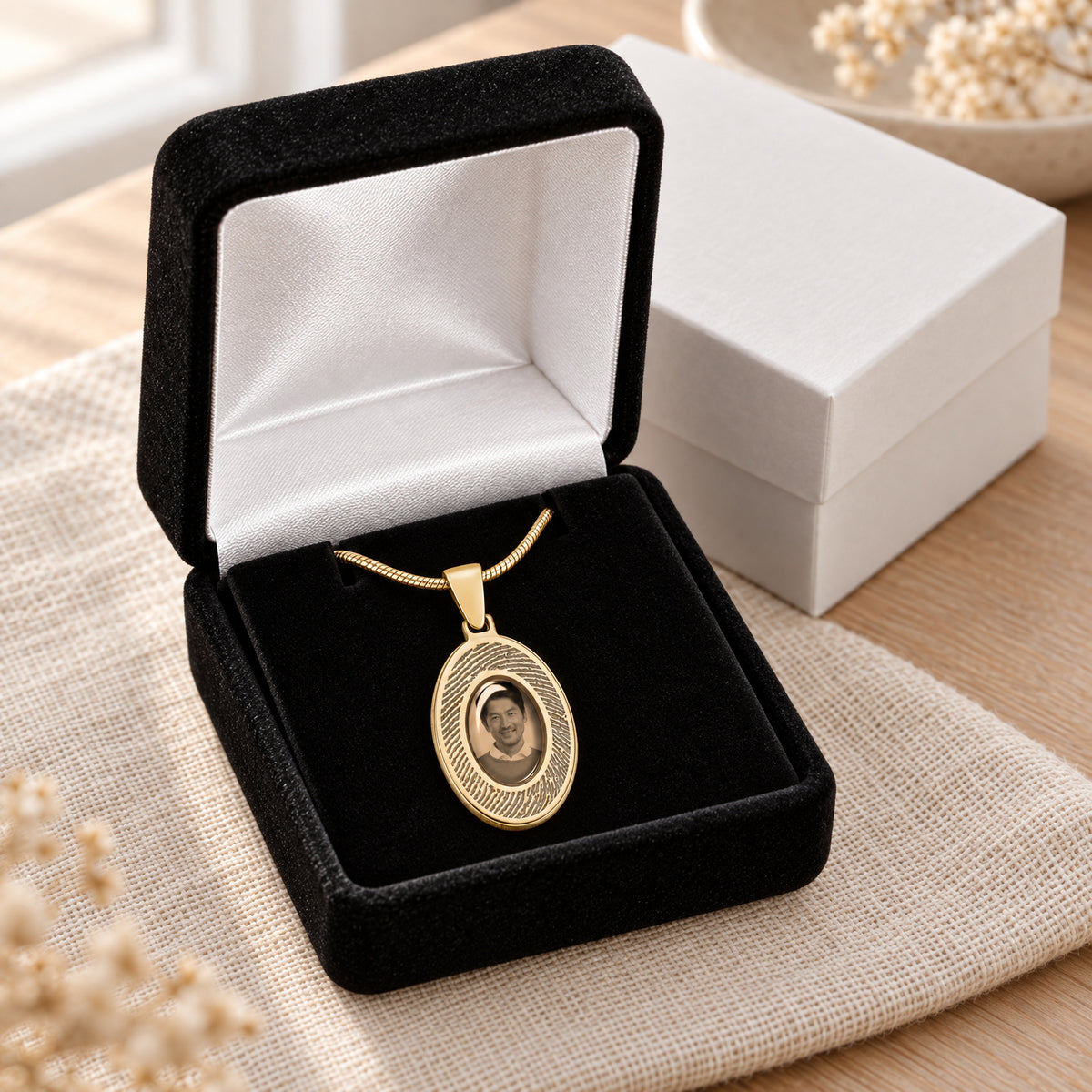 Oval 14K Gold Fingerprint And Picture Pendant — gift box