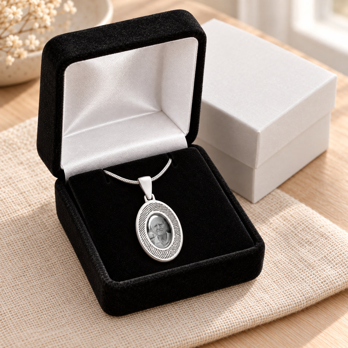 Oval Sterling Silver Fingerprint And Picture Pendant — gift box