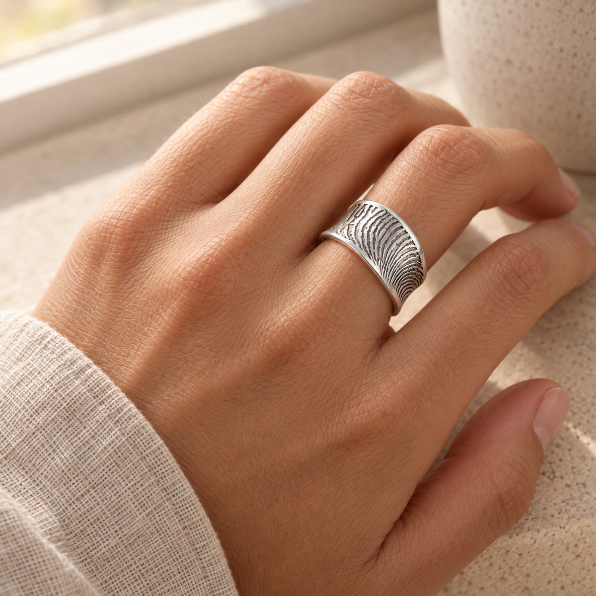 Athena Sterling Silver Fingerprint Ring — lifestyle