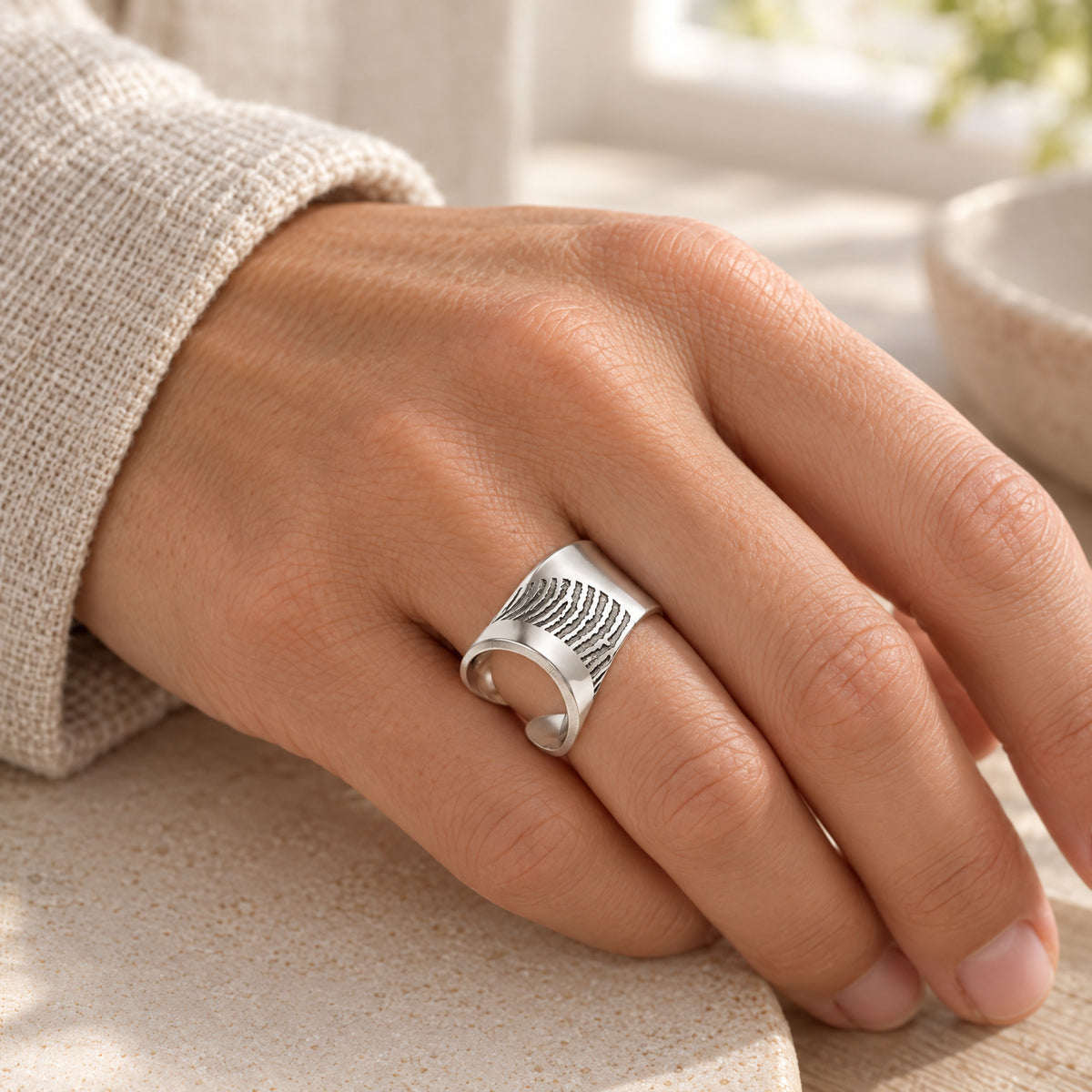Olympia Sterling Silver Fingerprint Ring — lifestyle