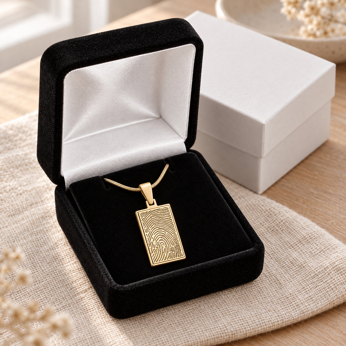Solid 14k Gold Genuine Rectangle Signature Fingerprint Necklace — gift box