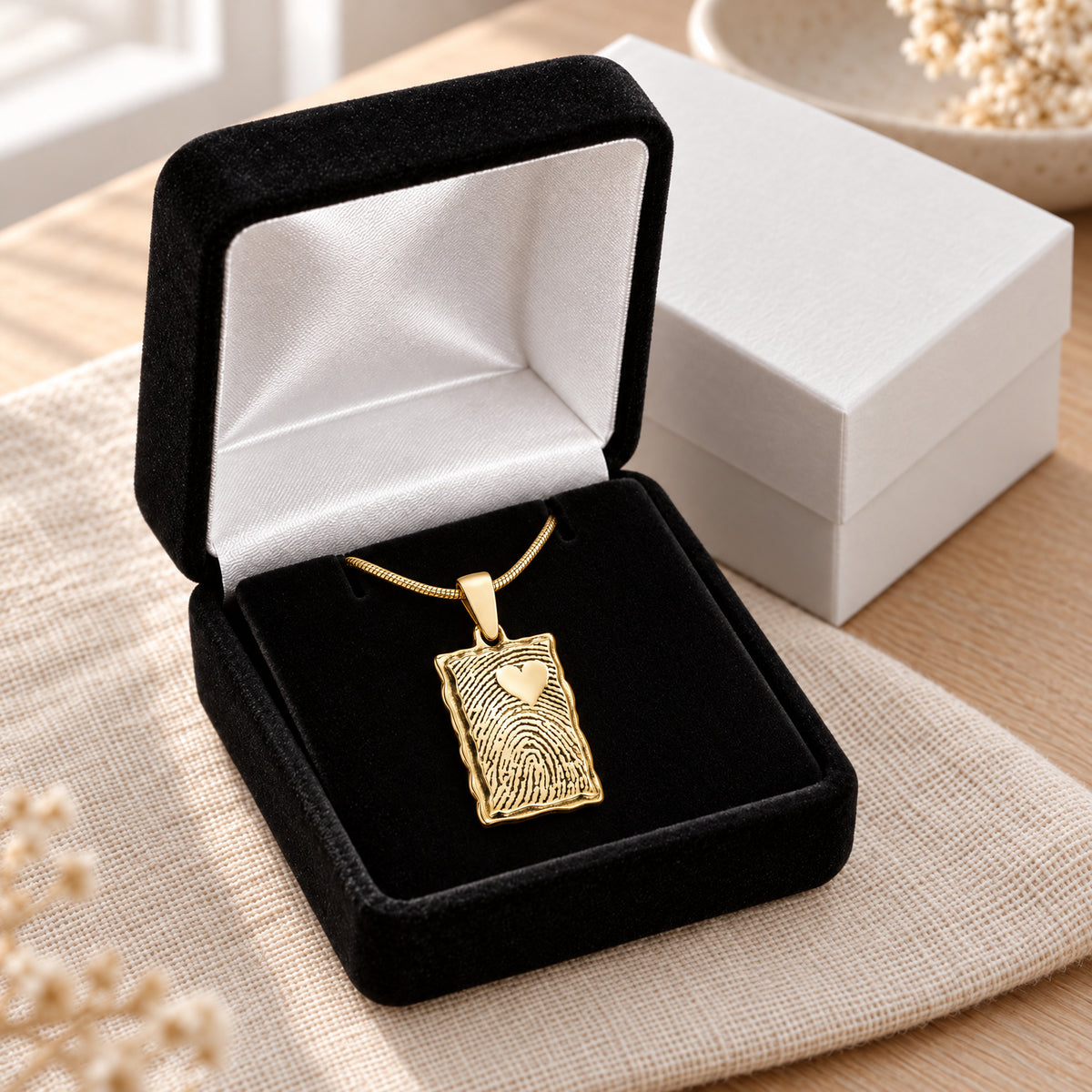 Gold Plated Loved Signature Rectangle Fingerprint Necklace — gift box