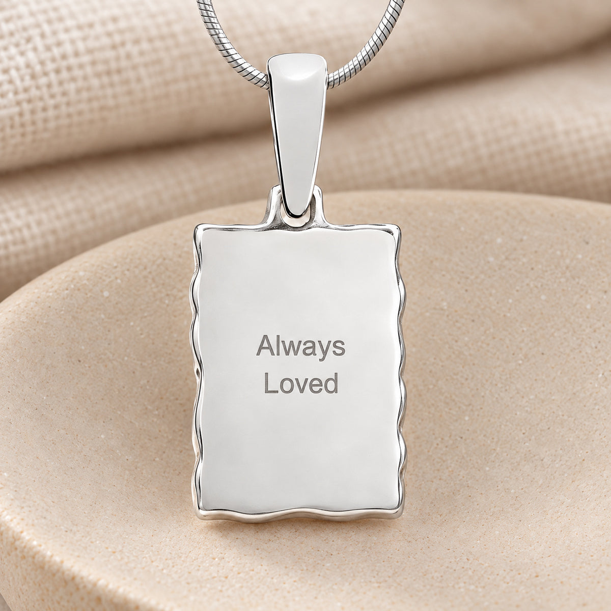 Silver Loved Signature Rectangle Fingerprint Necklace — rear engraving