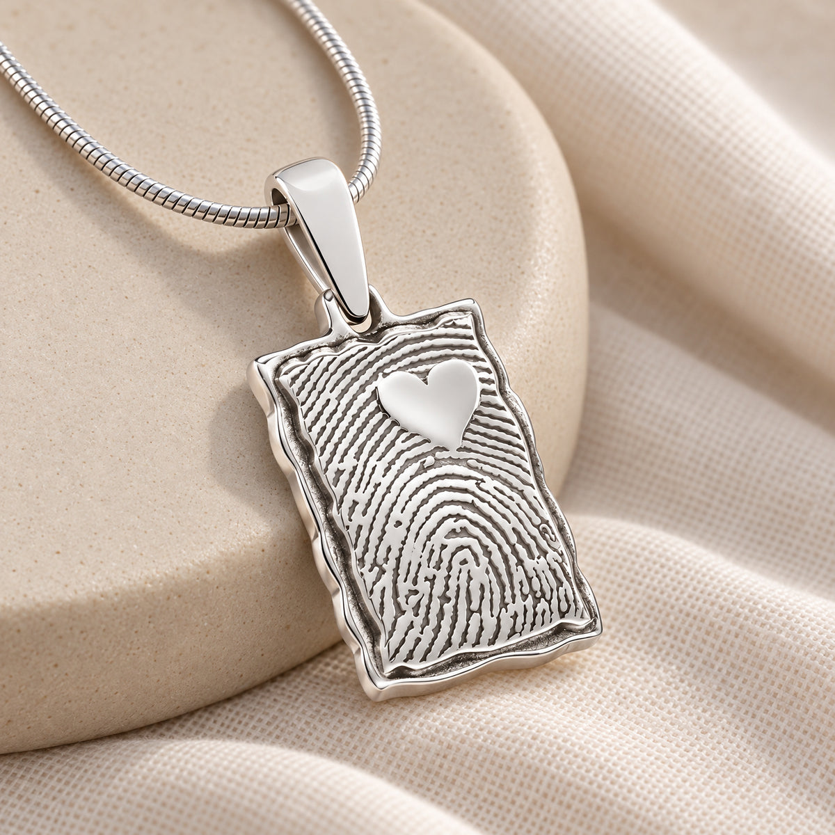 Solid 14k White Gold Loved Signature Rectangle Fingerprint Necklace — alternate view