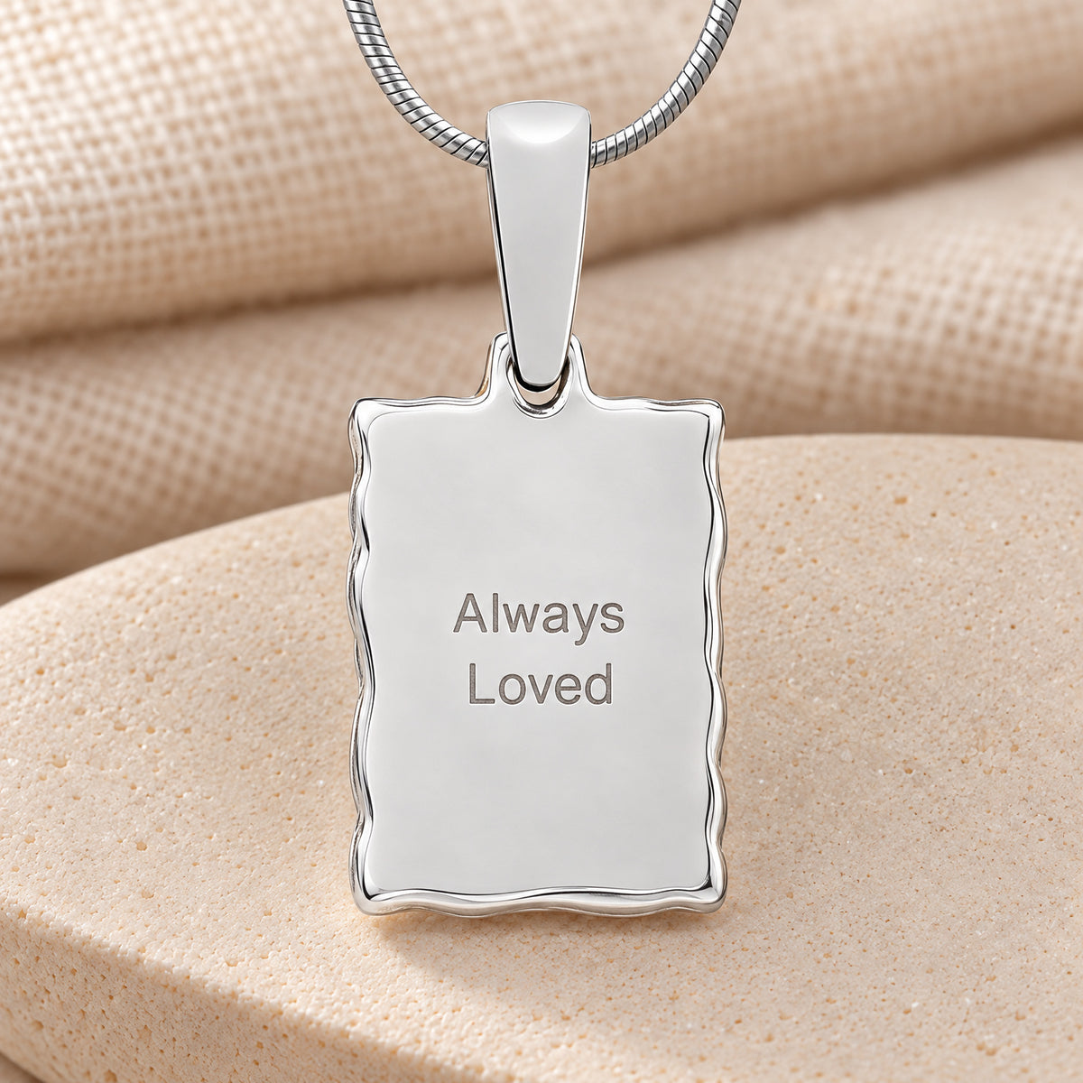 Solid 14k White Gold Loved Signature Rectangle Fingerprint Necklace — rear engraving