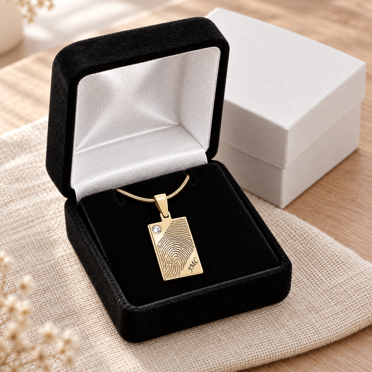 Solid 14k Gold Birthstone Signature Rectangle Fingerprint Necklace — gift box