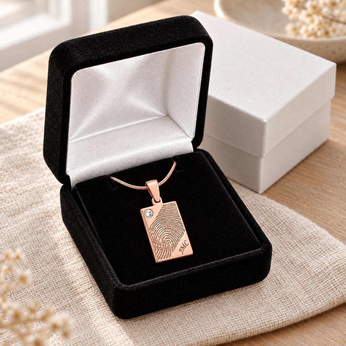 Rose Gold Plated Birthstone Signature Rectangle Fingerprint Necklace — gift box