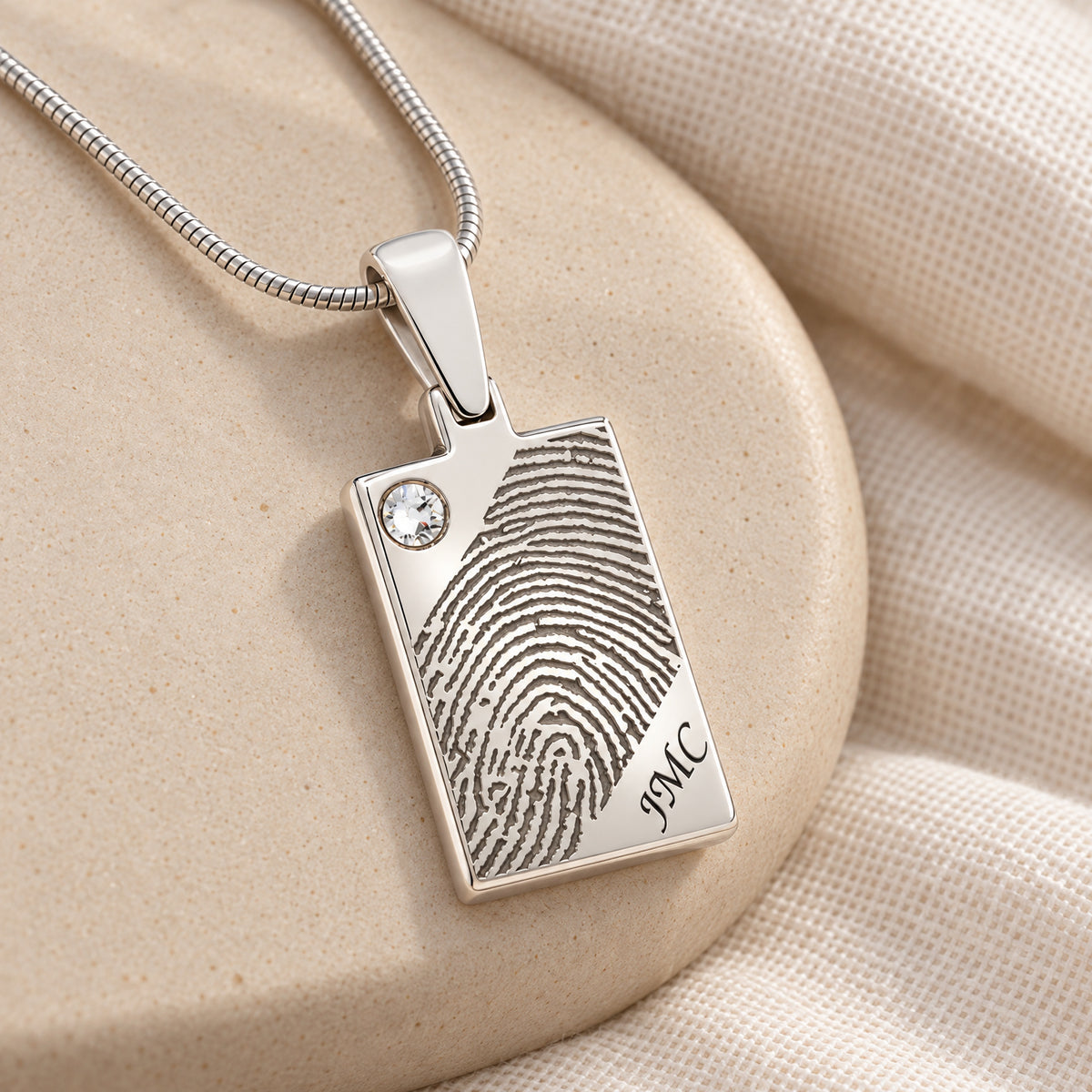 Solid 14k White Gold Birthstone Signature Rectangle Fingerprint Necklace — alternate view