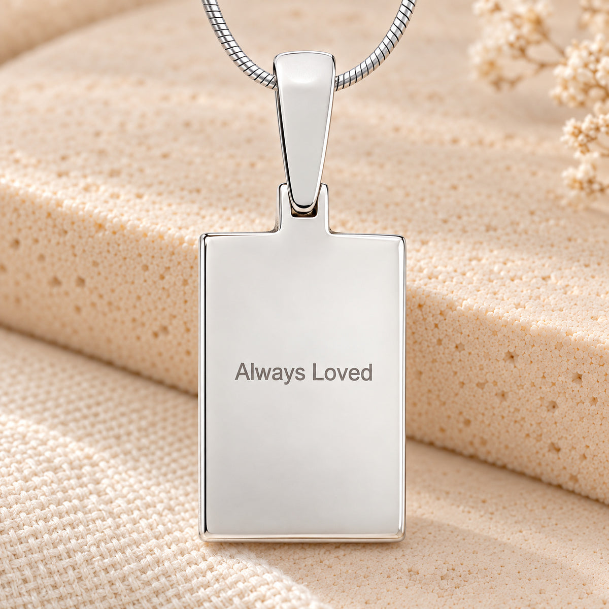 Solid 14k White Gold Birthstone Signature Rectangle Fingerprint Necklace — rear engraving