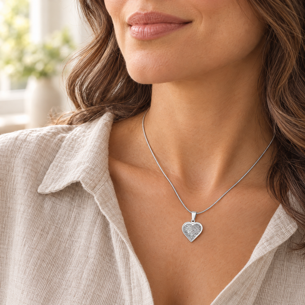 Solid 14k White Gold Signature Heart Fingerprint Necklace — lifestyle
