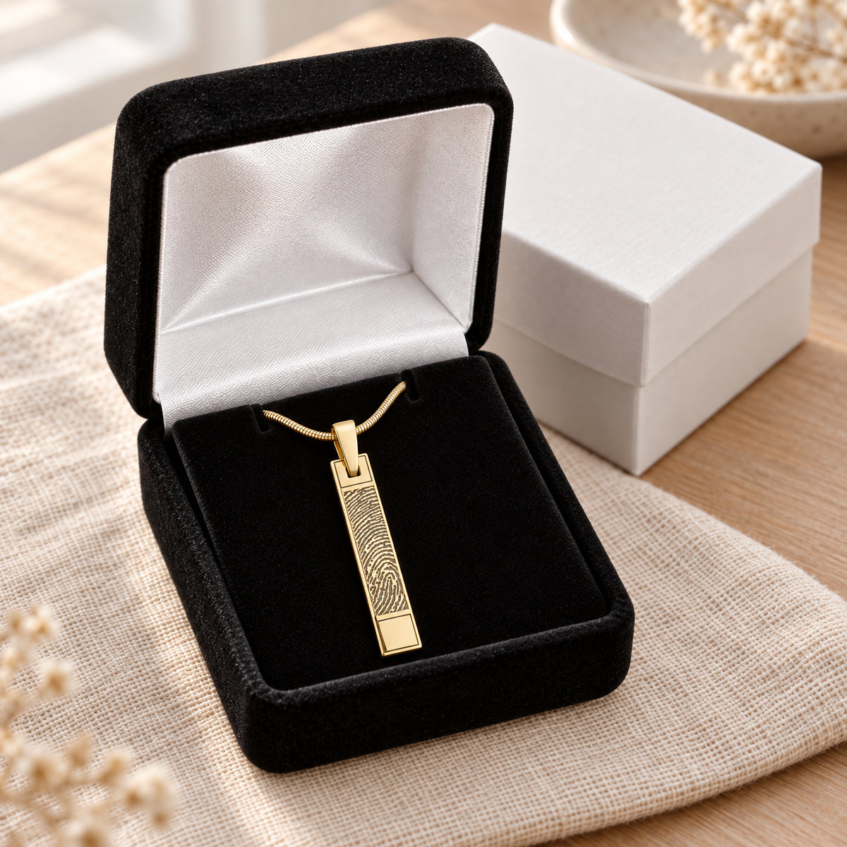 Solid 14k Gold Signature Barred Fingerprint Necklace — gift box