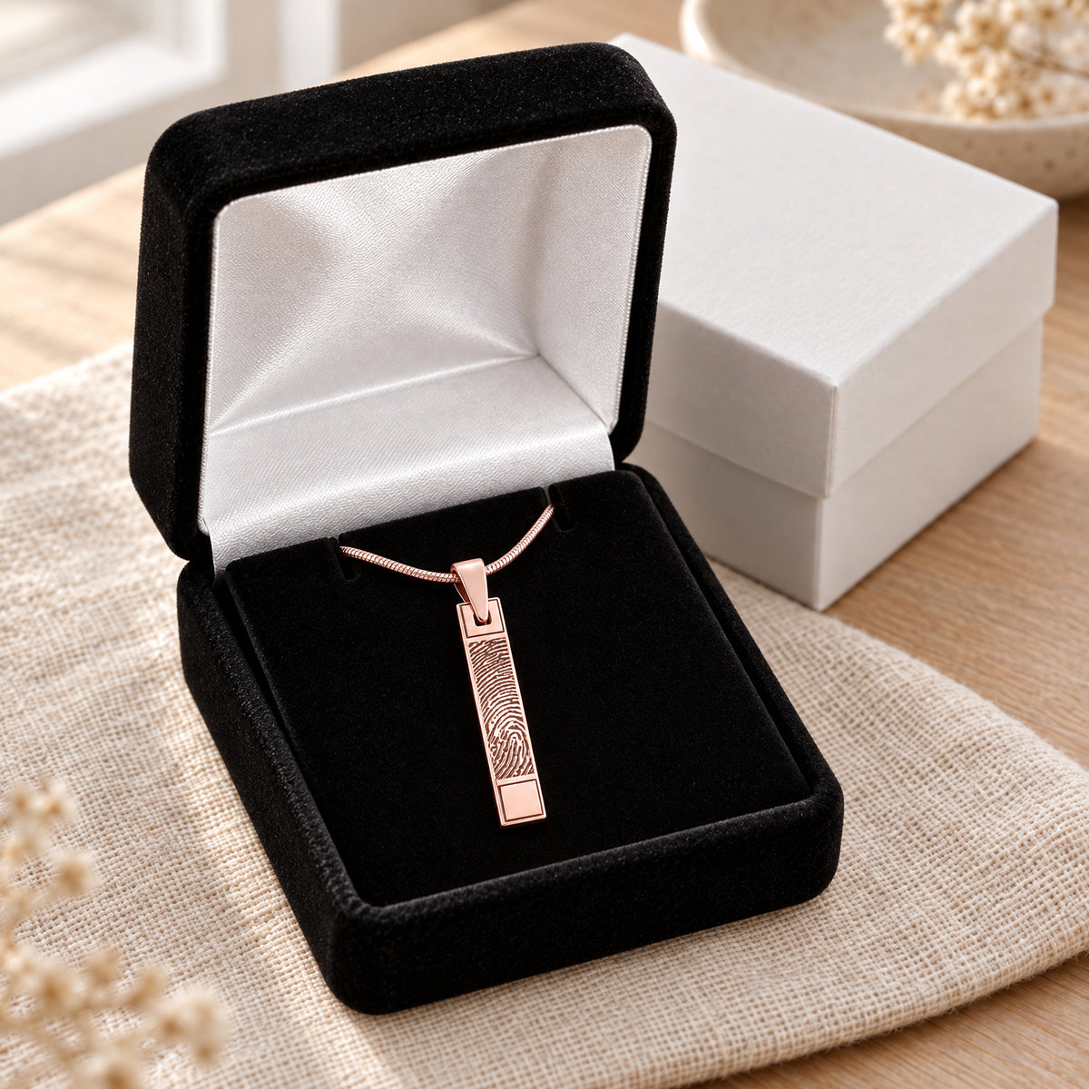 Signature Barred Rose Gold Plated Fingerprint Necklace — gift box