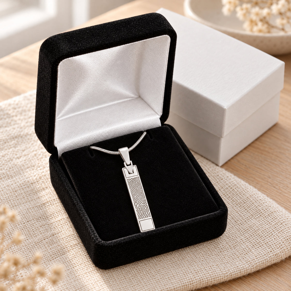 Signature Barred Silver Fingerprint Necklace — gift box