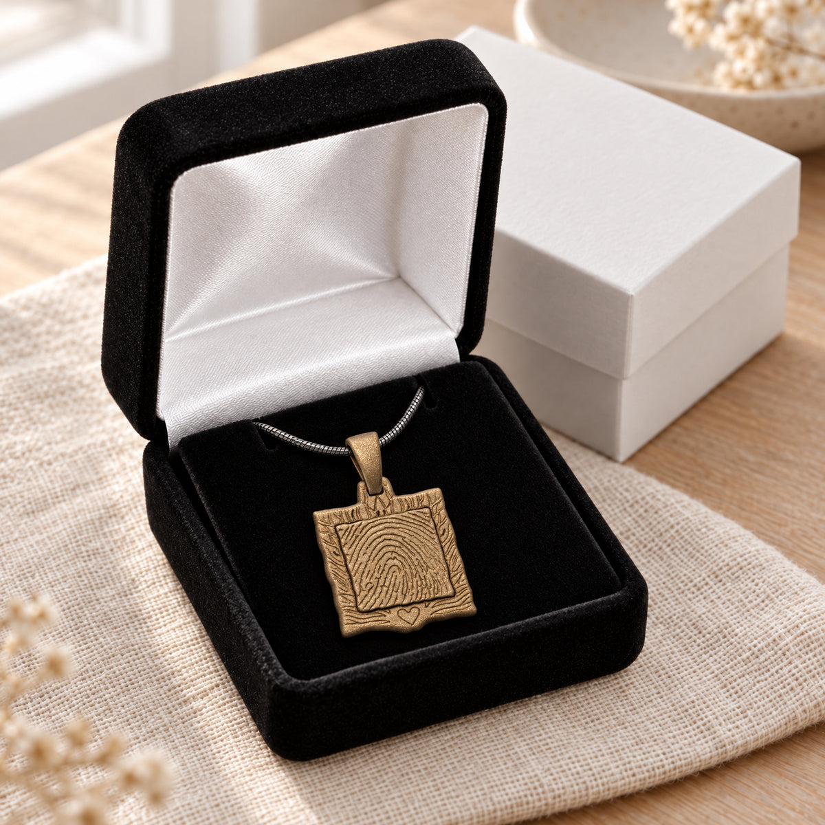 Sterling Silver Squared with Bronze Finish Fingerprint Necklace — gift box