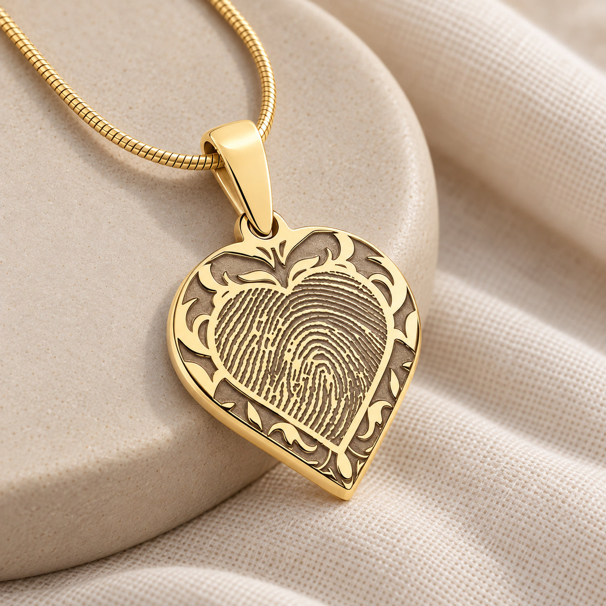 Solid 14k Gold Carved Signature Heart Fingerprint Necklace — alternate view