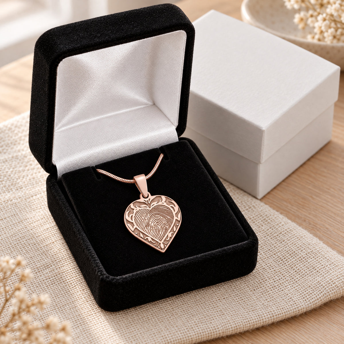 Rose Gold Plated Sterling Silver Carved Signature Heart Fingerprint Necklace — gift box
