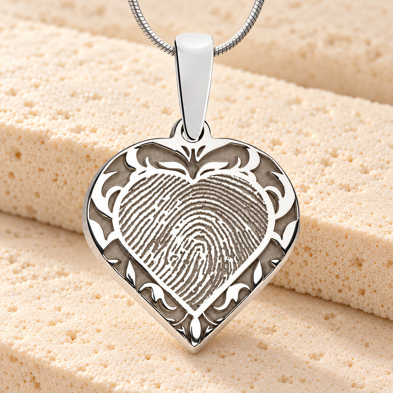 Solid 14k White Gold Carved Signature Heart Fingerprint Necklace