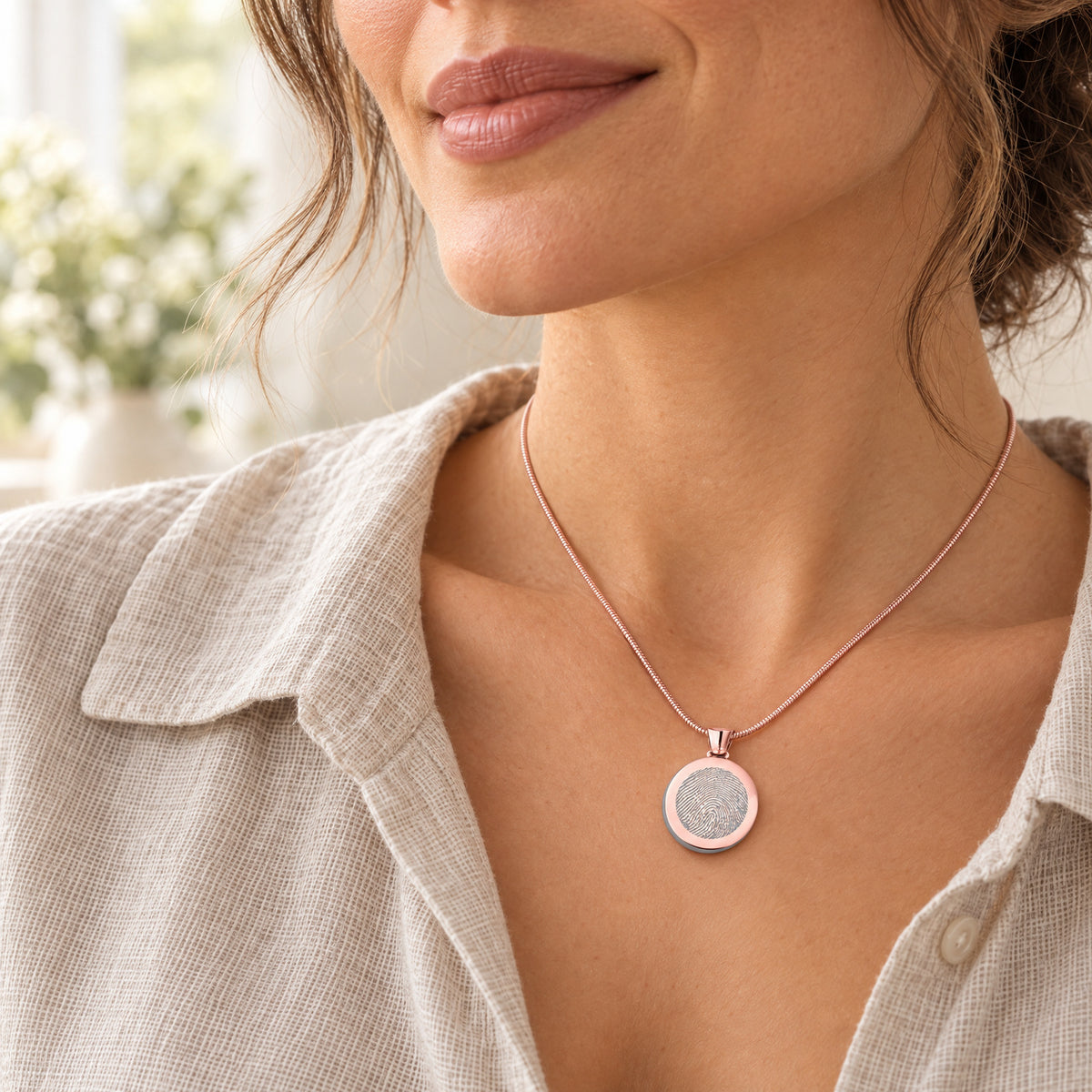 Rose Gold Plated over Stainless Circle of Life Fingerprint Necklace — lifestyle