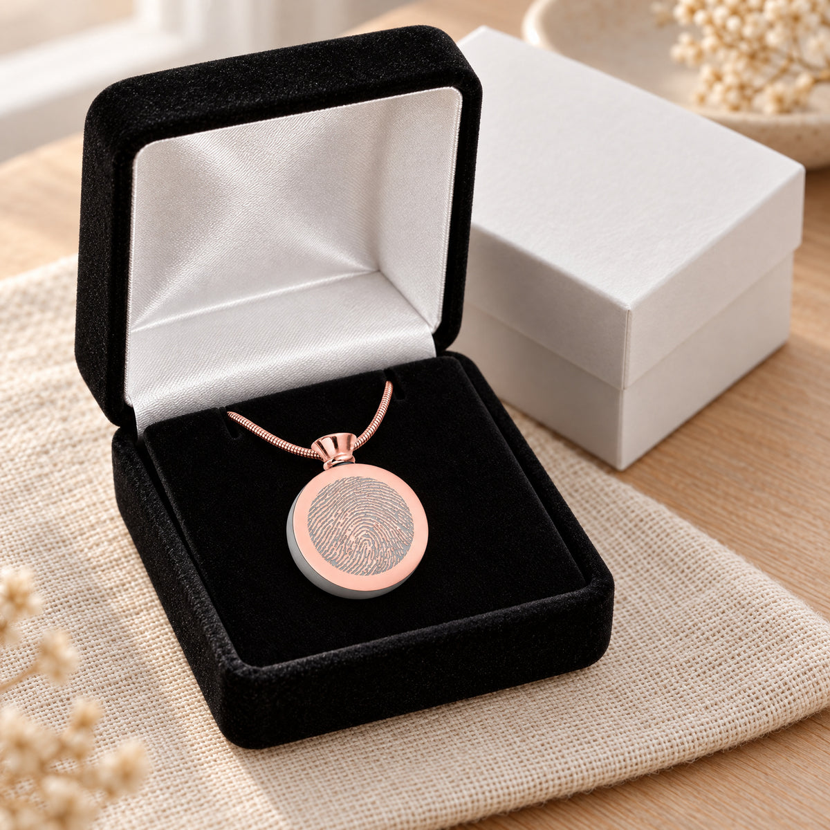 Rose Gold Plated over Stainless Circle of Life Fingerprint Necklace — gift box
