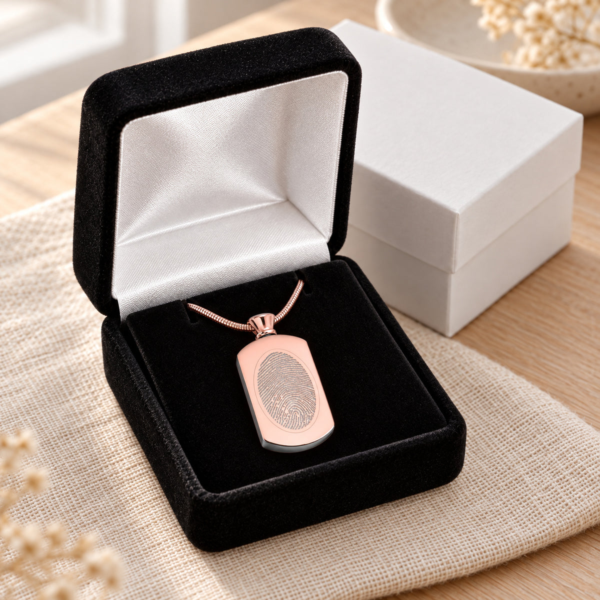 Rose Gold Plated Stainless Pleasant Rectangle Fingerprint Necklace — gift box
